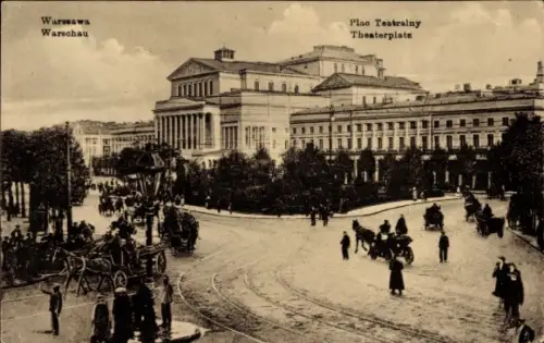 Ak Warszawa Warschau Polen,  Plac Teatralny, Theaterplatz,  Szenerie, Menschen, Pferdekutschen