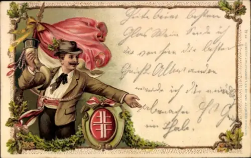 Präge Wappen Litho Turner mit Fahne, Horn