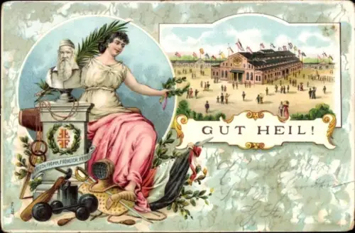 Litho Gut Heil, Turnfest, Festhalle, Büste Turnvater Jahn