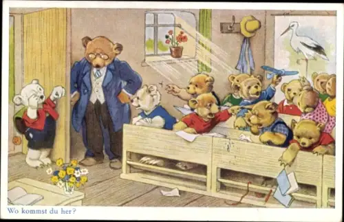 Künstler Ak Baumgarten, Fritz, Wo kommst du her, Teddyschule, Lehrer