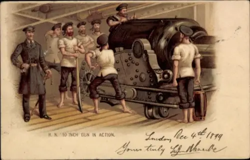 Litho Britische Seeleute auf einem Kriegsschiff, 10-Inch-Geschütz in Aktion
