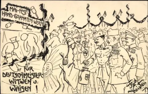 Künstler Ak Mai-Fest, Handgranatenwerfen für Deutschmeister-Witwen und Waisen, k.u.k. Soldaten