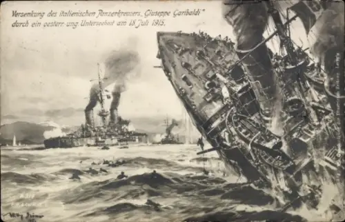 Künstler Ak Stöwer, Ital. Kreuzer Garibaldi, versenkt durch kuk U Boot U 4,1915