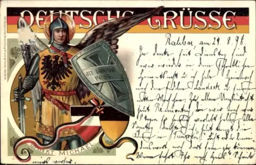 Ak Propaganda, Deutsche Grüße, Sankt Michael, Schild, Schwert, Erzengel