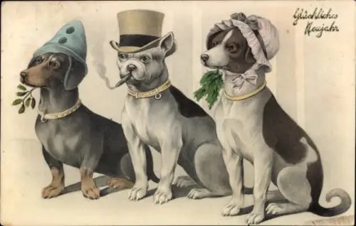 Ak Glückwunsch Neujahr, Hunde, Dackel, Hüte