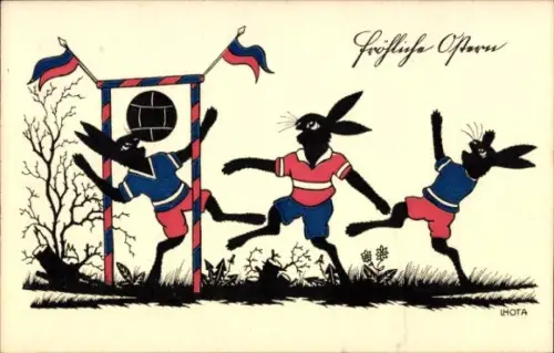 Scherenschnitt Künstler Ak Glückwunsch Ostern, Vermenschlichte Osterhasen