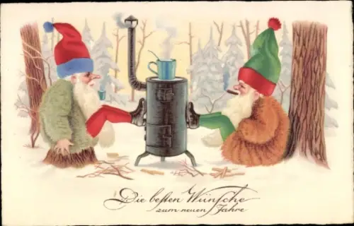 Ak Glückwunsch Neujahr, Zwerge wärmen Füße