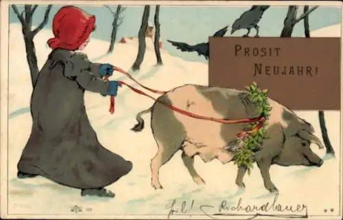Litho Fröhliches Neujahr, Mädchen hat ein Schwein an der Leine