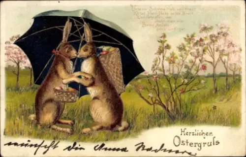 Präge Litho Glückwunsch Ostern, Osterhasen, Kuss, Sonnenschirm