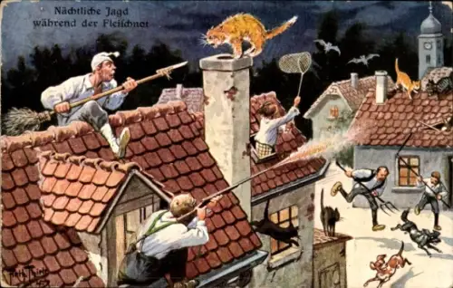 Künstler Ak Thiele, Arthur, Nächtliche Jagd während der Fleischnot, Männer jagen Katzen, Hunde