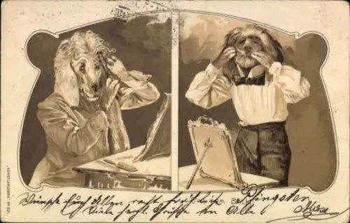Präge Litho Hunde machen sich hübsch, Spiegel
