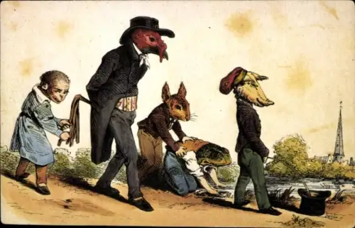 Ak Vermenschlichte Tiere, Frosch, Maus, Schwein