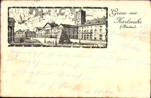 Passepartout Litho Karlsruhe in Baden, Straßenpartie, Großherzog Friedrich II. von Baden