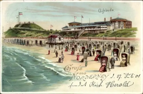 Litho Norderney in Ostfriesland, Partie am Strand mit Blick zur Giftbude, Strandkörbe