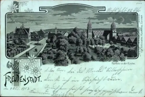 Mondschein Litho Freudenstadt im Nordschwarzwald, Ortschaft, Partie an der Kirche