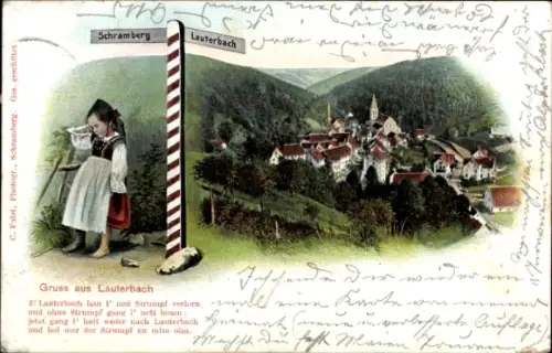 Ak Lauterbach im Schwarzwald, Kind in Tracht am Wegweiser, Strumpf verlorn, Berge