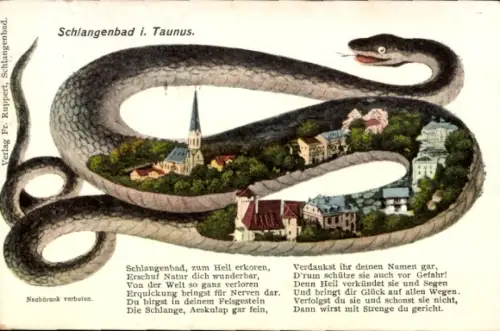 Passepartout Ak Schlangenbad im Taunus Hessen, Panorama vom Ort in Schlange, Gedicht