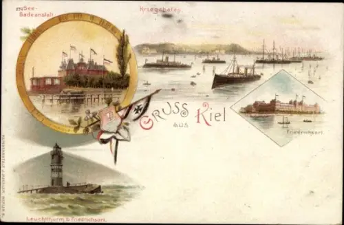 Ak Kiel, Seeansicht, Badeanstalt, Kriegshafen, Leuchtturm, Schiffe