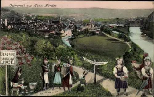 Ak Hann. Münden in Niedersachsen, Gesamtansicht, Wegweiser, Eier Großhandlung Hase, Ostern