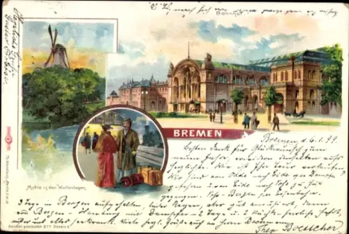 Litho Hansestadt Bremen, Bahnhof, Windmühle in den Wallanlagen
