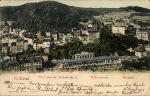 Ak Karlovy Vary Karlsbad Stadt, Mühlbrunnen Kolonnade von der Hubertusburg aus