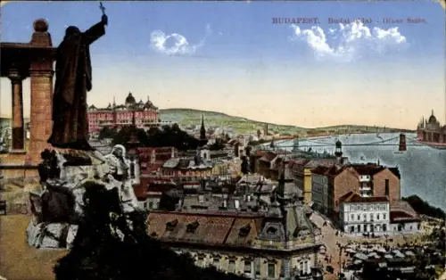 Ak Budapest Ungarn, Blick auf  Statue, Fluss, Gebäude, 