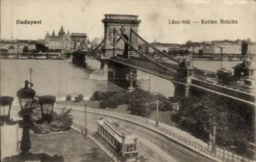 Ak Budapest Ungarn,  Lánc-hid, Ketten Brücke, Tram, Fluss,  