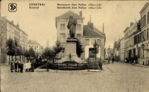 Ak Kortrijk Courtrai Westflandern, Monument Jean Palfyn, Statue, Straße, Bäume, Menschen