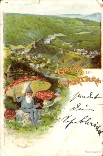 Ak Schwarzburg in Thüringen, Blick vom Trippstein, Gruß aus  Zwerg mit Pilzen