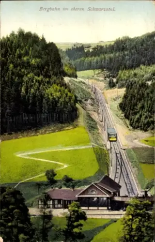 Ak Lichtenhain an der Bergbahn Schwarzatal Thüringen, Bergbahn, obere  grüne Landschaft, Zug auf 