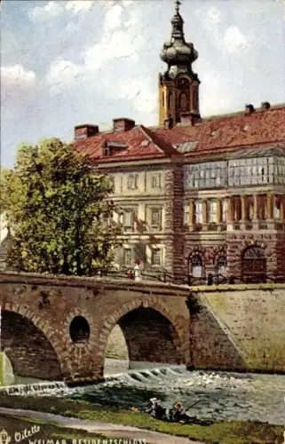 Ak Weimar in Thüringen, Weimar Residenzschloss, Brücke, Fluss, Bäume, Menschen