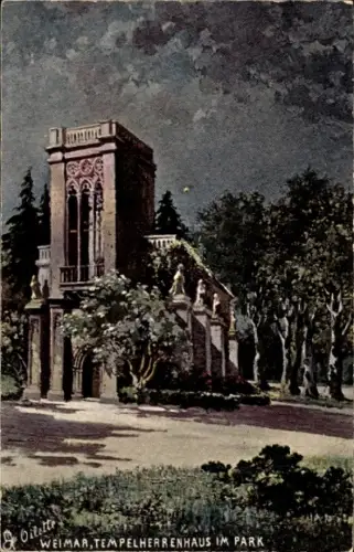 Ak Weimar in Thüringen, Goethe, Tempelherrenhaus,  Park, Garten-Salon, malerisches Denkmal