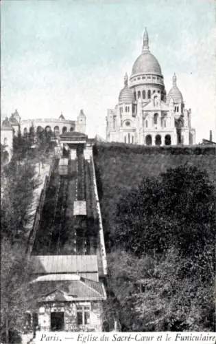 Ak Paris XVIII Montmartre, Kirche des Heiligen Herzens und Standseilbahn
