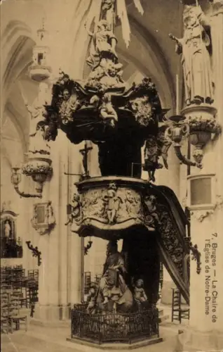Ak Bruges Brügge Flandern Westflandern, Prunkvolle Kanzel, Kirche Notre-Dame, Figuren, Skulpturen
