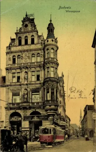 Ak České Budějovice Budweis Südböhmen, Cafe Central, Linoleum, Biene,  Wienergasse, Straßenbahn