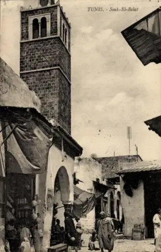 Ak Tunis Tunesien, Marktstraße, Turm, Menschen, Souk-El-Belat, Tunis