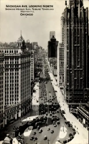 Ak Chicago Illinois USA, Michigan Avenue, Wrigley Building, Tribune Tower, Medinah A.C., Chicago