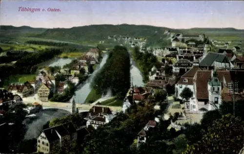 Ak Tübingen am Neckar,  Flusslandschaft, Häuser, Bäume, Hügel