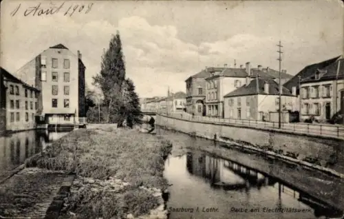 Ak Saarburg an der Saar Bezirk Trier, Flusslandschaft, Gebäude, Bäume, Text: Saarburg I. Lothr, P
