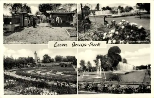 Ak Essen im Ruhrgebiet, Gruga-Park, Gruga-Bahnhof, Großer Blumenhof, Wasserspiele, Dahlienarena