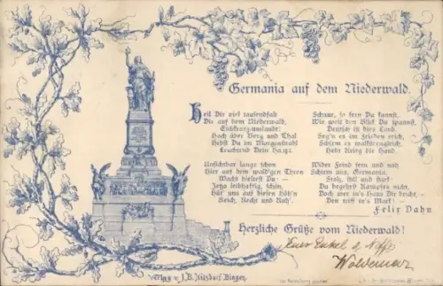 Ak Rüdesheim am Rhein, Niederwald Nationaldenkmal, Germania, Gedicht von Felix Dahn