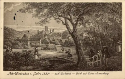 Ak Sonnenberg Wiesbaden in Hessen, Ruine Sonnenberg im Jahre 1830, Stahlstich