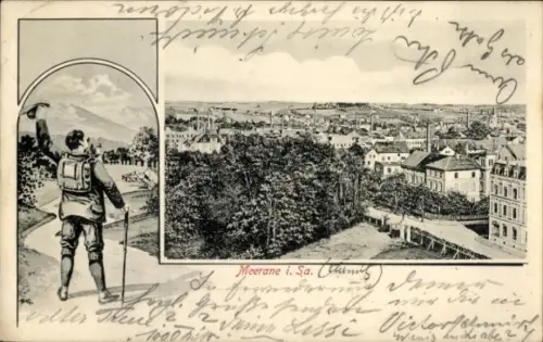 Ak Meerane in Sachsen, Mann mit Wanderstock, Blick auf  Landschaft, Stadtansicht