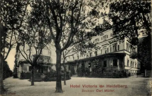 Ak Heidelberg am Neckar, Hotel Victoria,  Besitzer Carl Müller, Bäume im Vordergrund