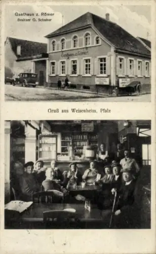 Ak Weisenheim am Sand Pfalz, Gasthaus z. Römer, Besitzer G. Schubar, Gruppe von Menschen, Weisenh