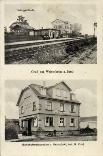 Ak Weisenheim am Sand Pfalz, Bahngebäude, Gruß aus  Bahnhofrestauration z. Rebstöckl