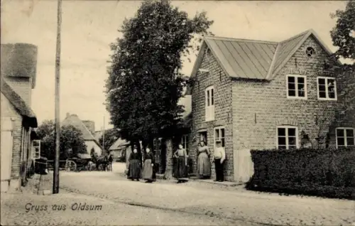 Ak Oldsum Insel Föhr Nordfriesland, Gruss aus  Menschen auf der Straße, Gebäude, Pferd und Wagen