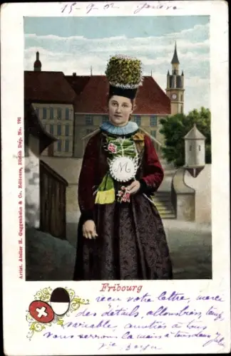 Wappen Ak Fribourg, Junge Frau in schweizerischer Tracht