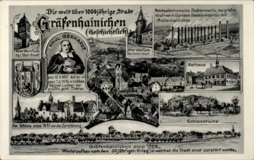 Ak Gräfenhainichen, Paul Gerhardt, Großkraftwerk, Schlossruine, Rathaus, anno 1728