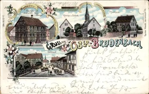 Litho Ober Breidenbach Romrod in Hessen, Gasthaus zum deutschen Haus, J. Wenzel, Kirche, Schule
